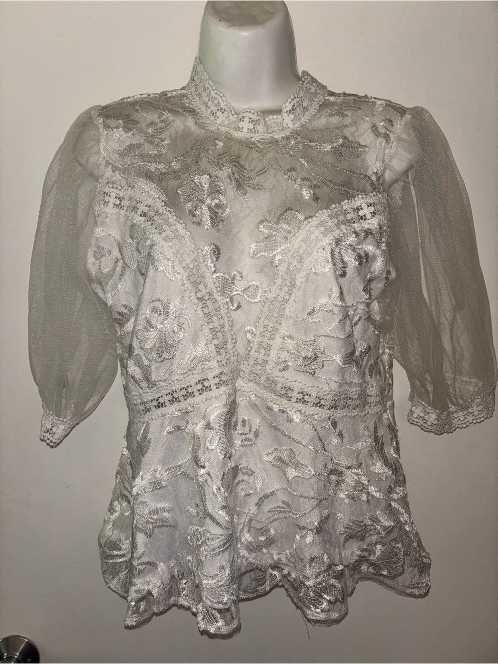 Vintage-Inspired White Lace Sheer Sleeve Blouse